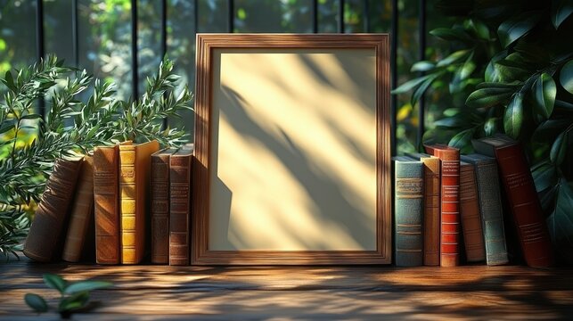 Wooden frame with antique books and greenery. Perfect for education, literature, or nostalgic themes.