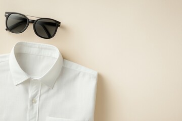 White shirt and black sunglasses on beige background, flat lay view. Fashion accessories display