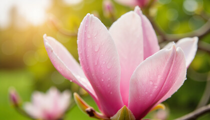 Pink magnolia flower with droplets against green background