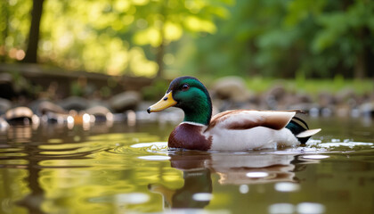 Obraz premium Duck swimming in a tranquil pond