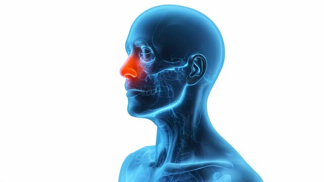 3d medical illustration, human nose with glowing sinuses highlighting nasal diseases and respiratory health. White background
