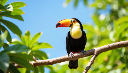 Fototapeta premium Toucan perched on branch surrounded by green leaves