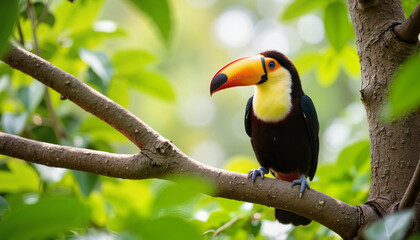 Fototapeta premium Toucan perched on branch in lush green forest