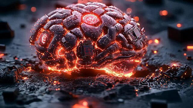 Futuristic glowing cybernetic brain with molten cracks and embedded circuits in a dark sci-fi environment

