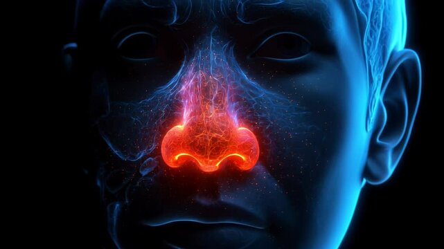 3d medical illustration, human nose with glowing sinuses highlighting nasal diseases and respiratory health. dark Blue background