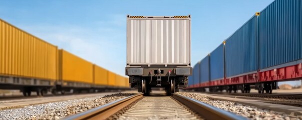 Fototapeta premium A freight train loaded with imported goods travels through scenic landscapes, showcasing global trade in motion.