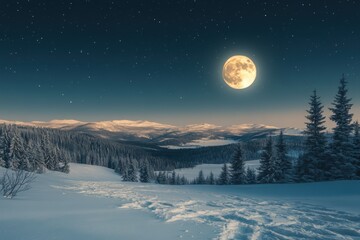 Fototapeta premium Winter landscape at night. Snow covered ground and trees. Full moon shining in starry sky. Mountain range in background. Footprints in snow.