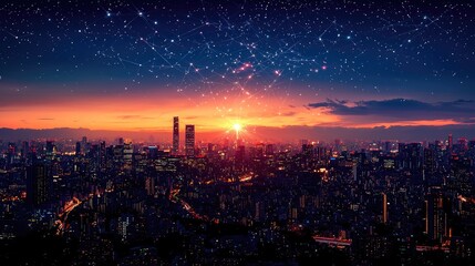 Obraz premium Stunning sunset over a vibrant city skyline with starry sky and urban life