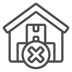 Warehouse cargo boxes forbidden line icon, global sanctions concept. Vector graphics. Storage building without product sign on white background, outline style icon for mobile or web design.