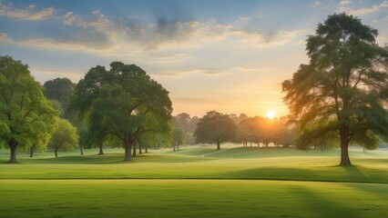 Obraz premium A wide, panoramic view of a park at sunrise or sunset.