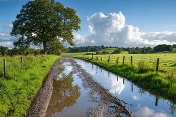 Muddy rural path after rain. Water reflects the cloudy sky. Green meadow and field. Tree stands near the path in countryside.