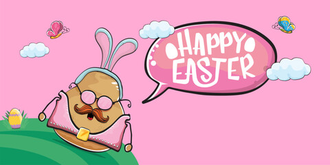 Vector rock star easter potato funny cartoon character with blue easter bunny ears isolated on pink horizontal banner background. rock n roll easter party poster or happy easter greeting card