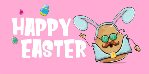 Vector rock star easter potato funny cartoon character with blue easter bunny ears isolated on pink horizontal banner background. rock n roll easter party poster or happy easter greeting card