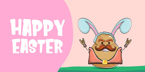Vector rock star easter potato funny cartoon character with blue easter bunny ears isolated on pink horizontal banner background. rock n roll easter party poster or happy easter greeting card