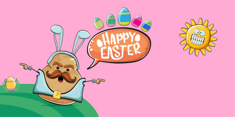 Vector rock star easter potato funny cartoon character with blue easter bunny ears isolated on pink horizontal banner background. rock n roll easter party poster or happy easter greeting card