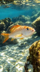 Naklejka premium Vibrant fish swimming gracefully in clear blue water near rocky seabed.