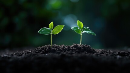 Two young sprouts emerging from soil