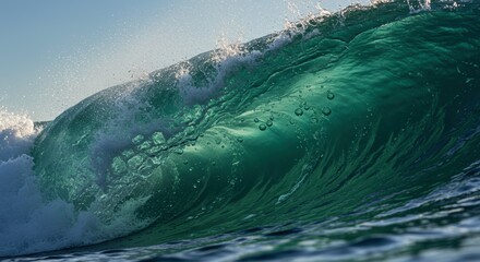 Obraz premium Oceanic Majesty: A breathtaking close-up shot of a cresting ocean wave, showcasing the raw power, vibrant colors, and intricate details of the natural world.