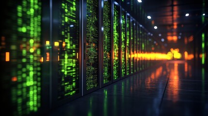Long corridor of illuminated server racks showcasing vibrant green data streams in a modern, dark data center environment with advanced technology features
