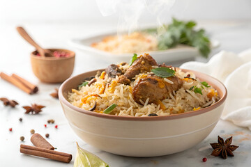 "Steaming Hot Chicken Biryani – Aromatic Indian Rice Dish with Spices"
