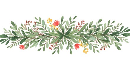 Green Foliage Border with Small Flowers Watercolor Illustration Design