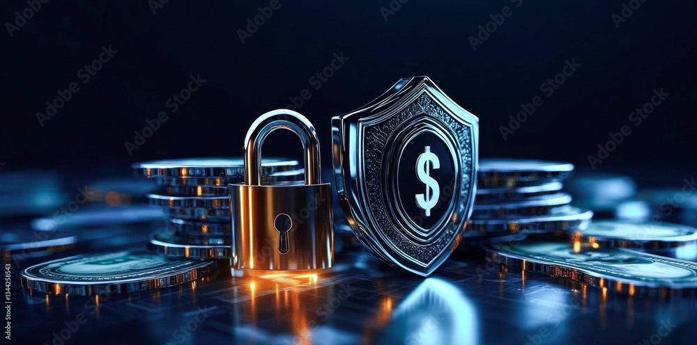 Poster a padlock and shield sit prominently amid stacks of coins, representing the importance of security i