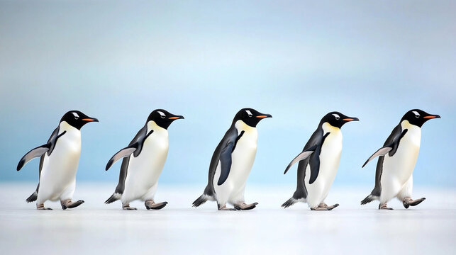 five emperor penguins strut in a row across a snowy landscape, with a clear, bright sky behind them. they appear determined and focused on their destination.