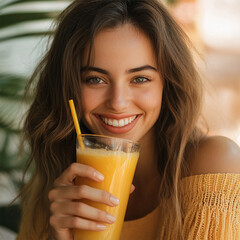 young woman drinking orange juice