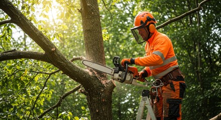 Arborist Trimming Tree Branch with Chainsaw - A professional arborist safely trims a tree branch using a chainsaw, wearing protective gear