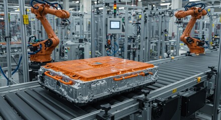 Automated Electric Vehicle Battery Production - Robotic arms assemble an electric vehicle battery on a conveyor belt in a modern factory setting