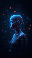 Futuristic humanoid figure amidst cybernetic symbols, representing cybersecurity and technology advancement.