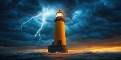 Obraz premium A storm-worn lighthouse, its beacon barely visible as lightning bolts flash around it, ocean waves rising