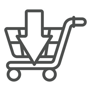 recommend clip art: Shopping trolley with down arrow line icon, shopping concept. Vector graphics. Upload to cart,, peeking product sign on white background, outline style icon for mobile or web design.