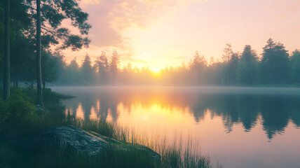 Fototapeta premium Misty Sunrise Over Calm Forest Lake with Reflections