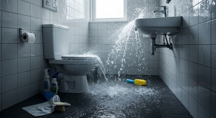 Bathroom Plumbing Emergency: Overflowing Toilet and Sink - A flooded bathroom with overflowing toilet and sink, showing water damage on the floor. Needs urgent plumbing repair
