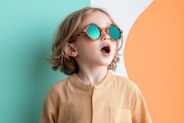 A blonde child wearing stylish tortoise-shell sunglasses with teal lenses against a colorful backdrop.
