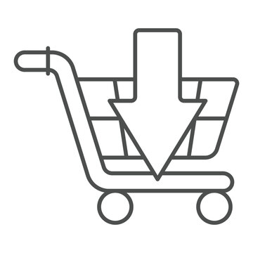 recommend clip art: Shopping trolley with down arrow thin line icon, shopping concept. Vector graphics. Upload to cart,, peeking product sign on white background, outline style icon for mobile or web design.