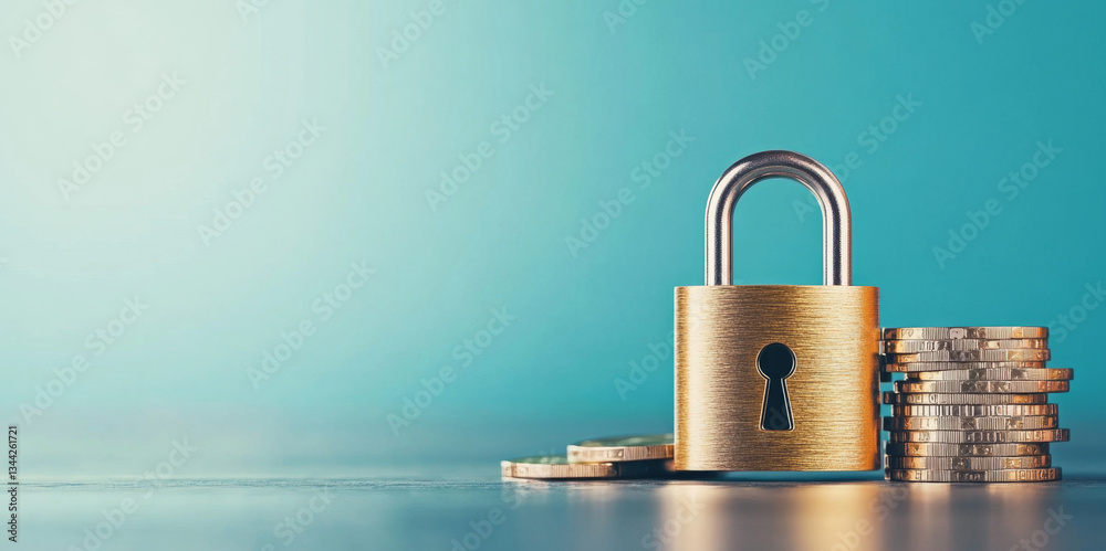 Poster a brass padlock stands firmly next to stacked coins, symbolizing the importance of security in banki