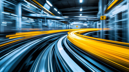 Products moving efficiently on a high-speed conveyor belt with motion blur, representing automation, efficiency, and fast-paced industrial production