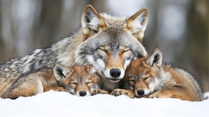 Fototapeta premium A mother wolf curls up with her sleeping cubs, offering warmth and safety in the wilderness surrounded by soft grasses