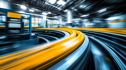 Products moving efficiently on a high-speed conveyor belt with motion blur, representing automation, efficiency, and fast-paced industrial production