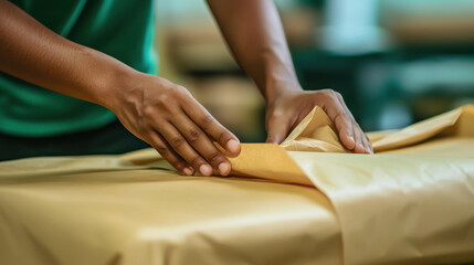 Obraz premium Hands carefully wrapping item in paper, showcasing attention to detail and craftsmanship in workspace environment