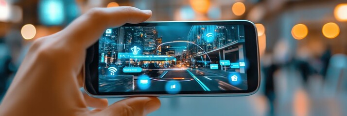 A person using an advanced AR navigation app while walking through a smart city