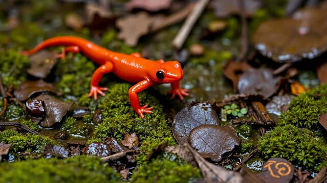 Vibrant Red Salamander on Lush Green Moss Close Up