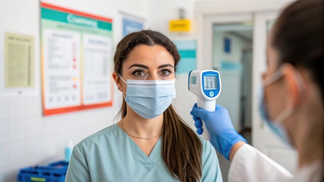 A healthcare worker has their temperature checked with a digital thermometer by another person wearing protective gear. The indoor setting is