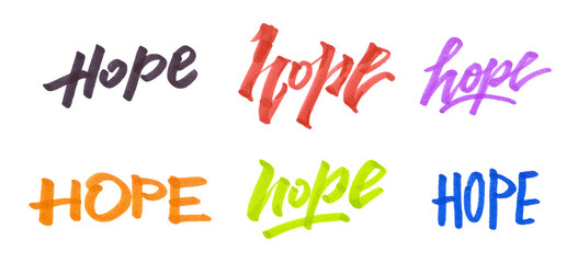 Set of hand-drawn colorful marker text “Hope” isolated on a transparent background