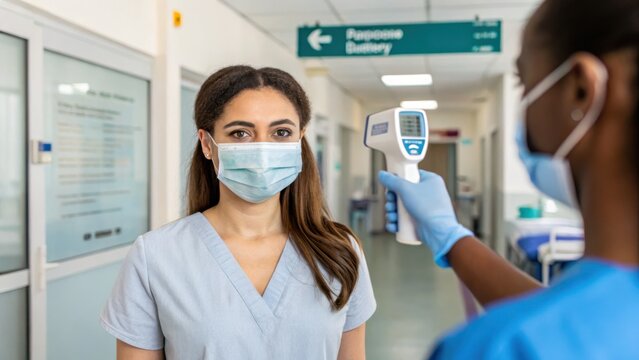 A healthcare worker in a blue uniform and gloves uses a contactless thermometer to check the temperature of a woman wearing a light blue surgical - Powered by Adobe