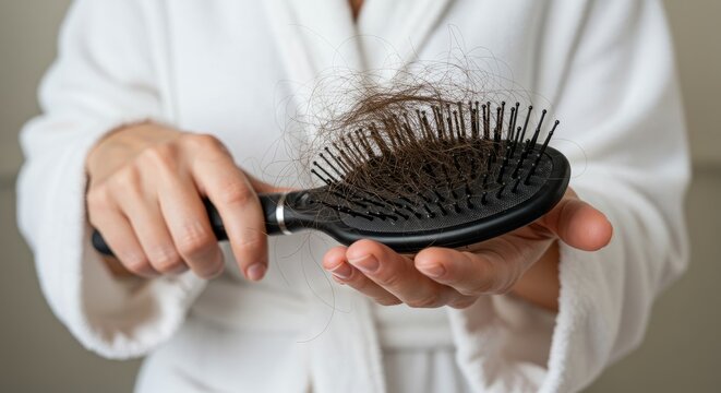 Woman in White Robe Holding Hairbrush with Excessive Hair Shedding
