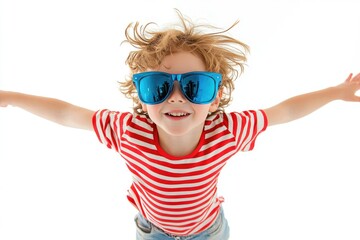 A joyful child with curly hair, wearing red and white striped shirt and blue sunglasses, playfully spreads arms wide.