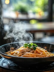 Delicious steaming pasta with garnish in a cozy restaurant setting